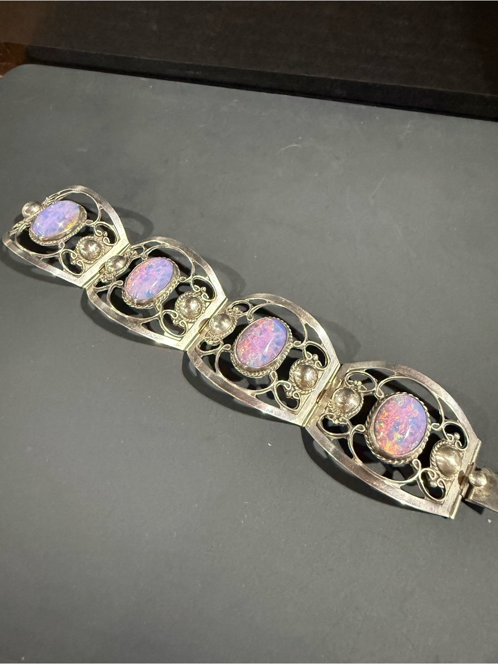 Vintage mid-century Taxco, Mexican sterling panel bracelet w Dragon’s Breath